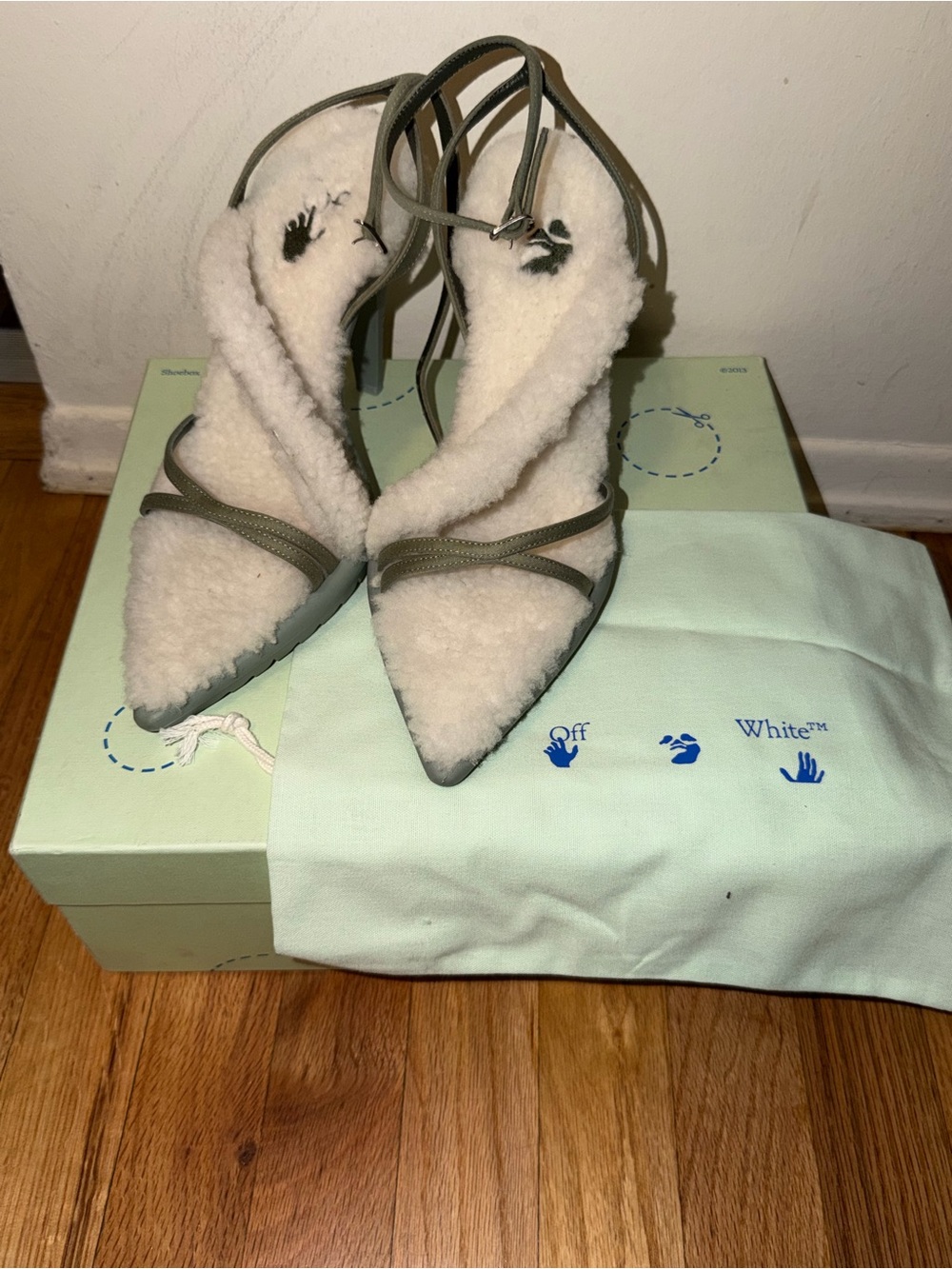 Off-White Cream Shearling Pointed-Toe Pumps with Olive Straps